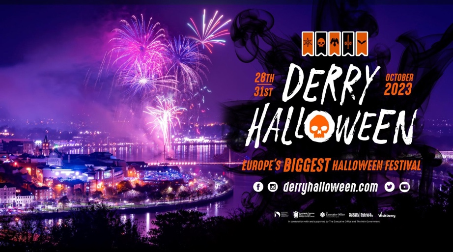 Derry Halloween graphic with fireworks going off in the background.