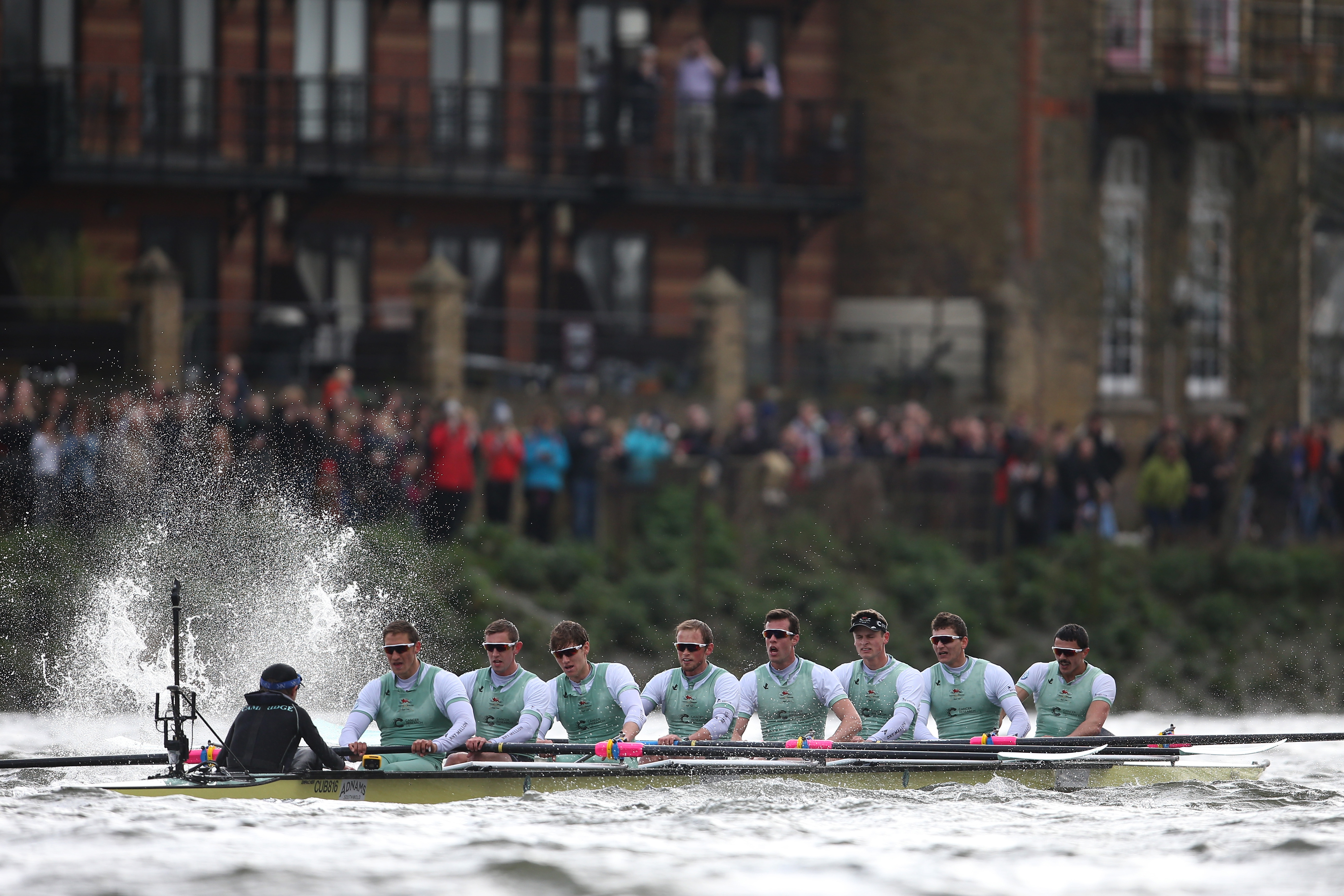 A boat being rowed by Oxford team during The Boat Race on the Thames.